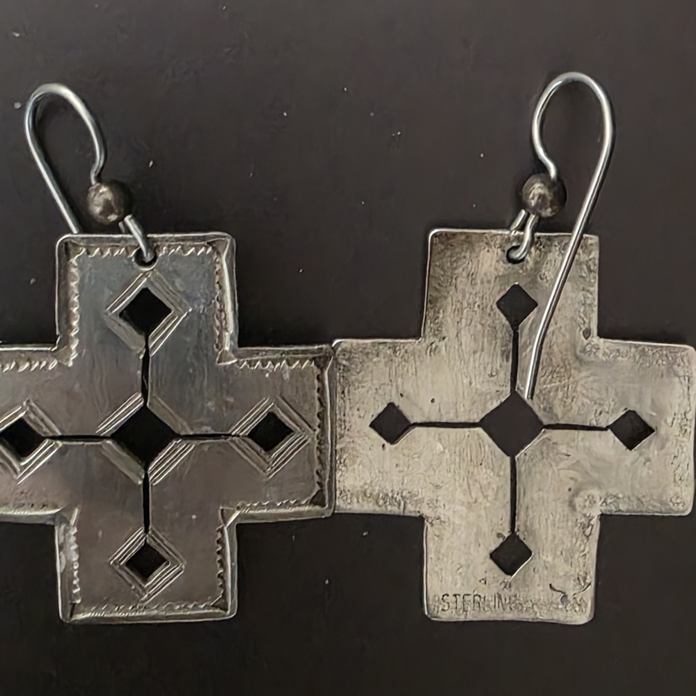 Vintage Sterling Silver 925 Southwestern Navajo Etched Cross Dangle Earrings - Picture 2 of 8